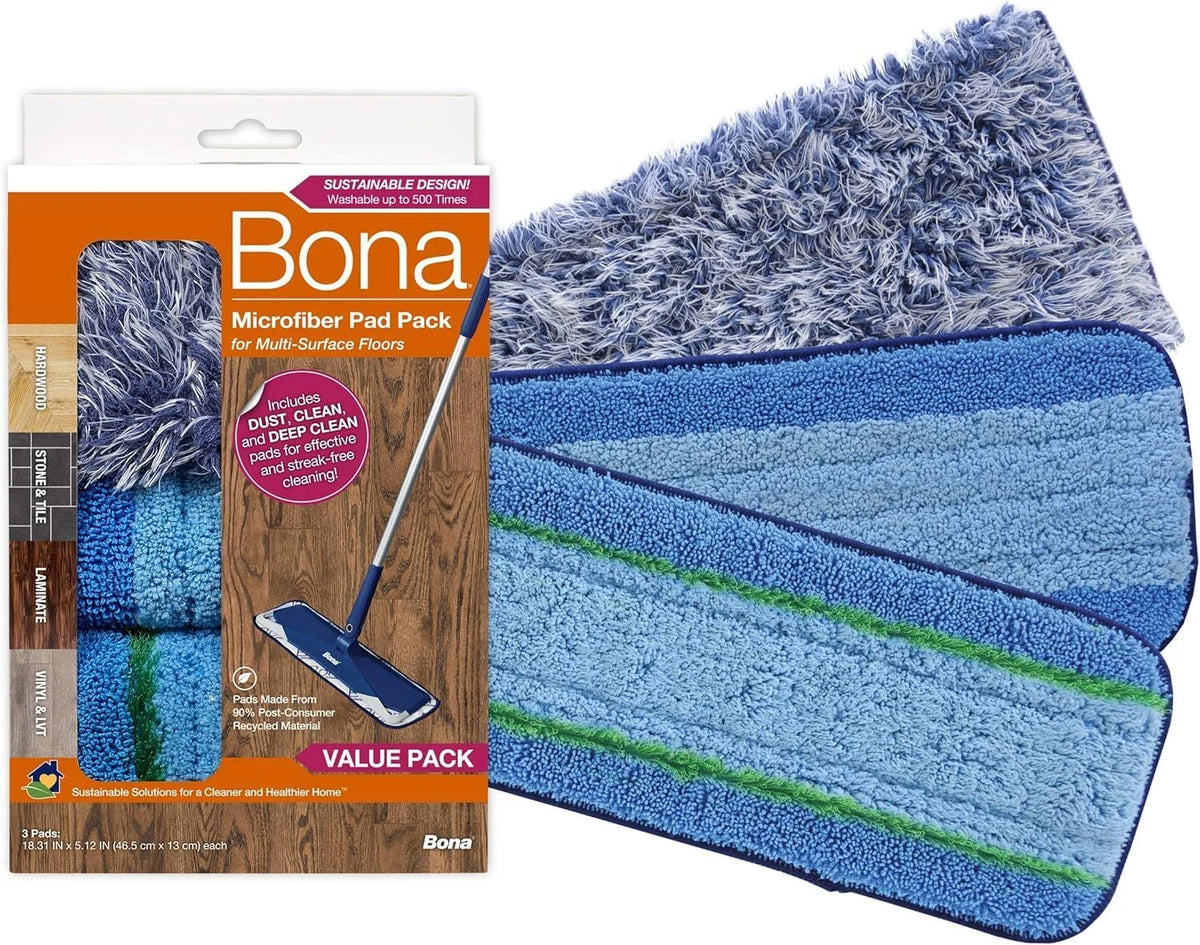 Bona Microfiber Pad 3-Pack includes Dusting, Cleaning, and Deep Cleaning Pad, for Hardwood and Multi-Surface Floors, fits Bona Family of Mops