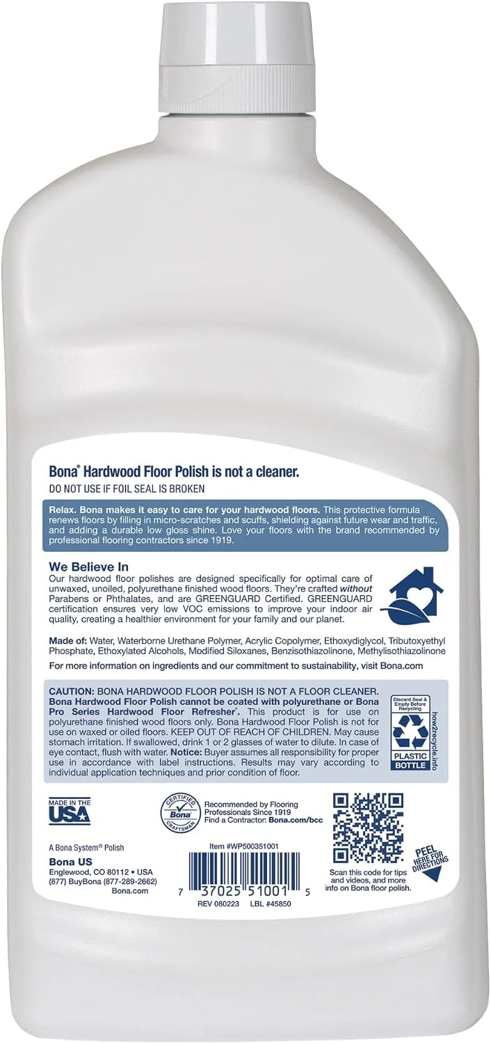 Bona Hardwood Floor Polish - 32 fl oz - Low Gloss Shine