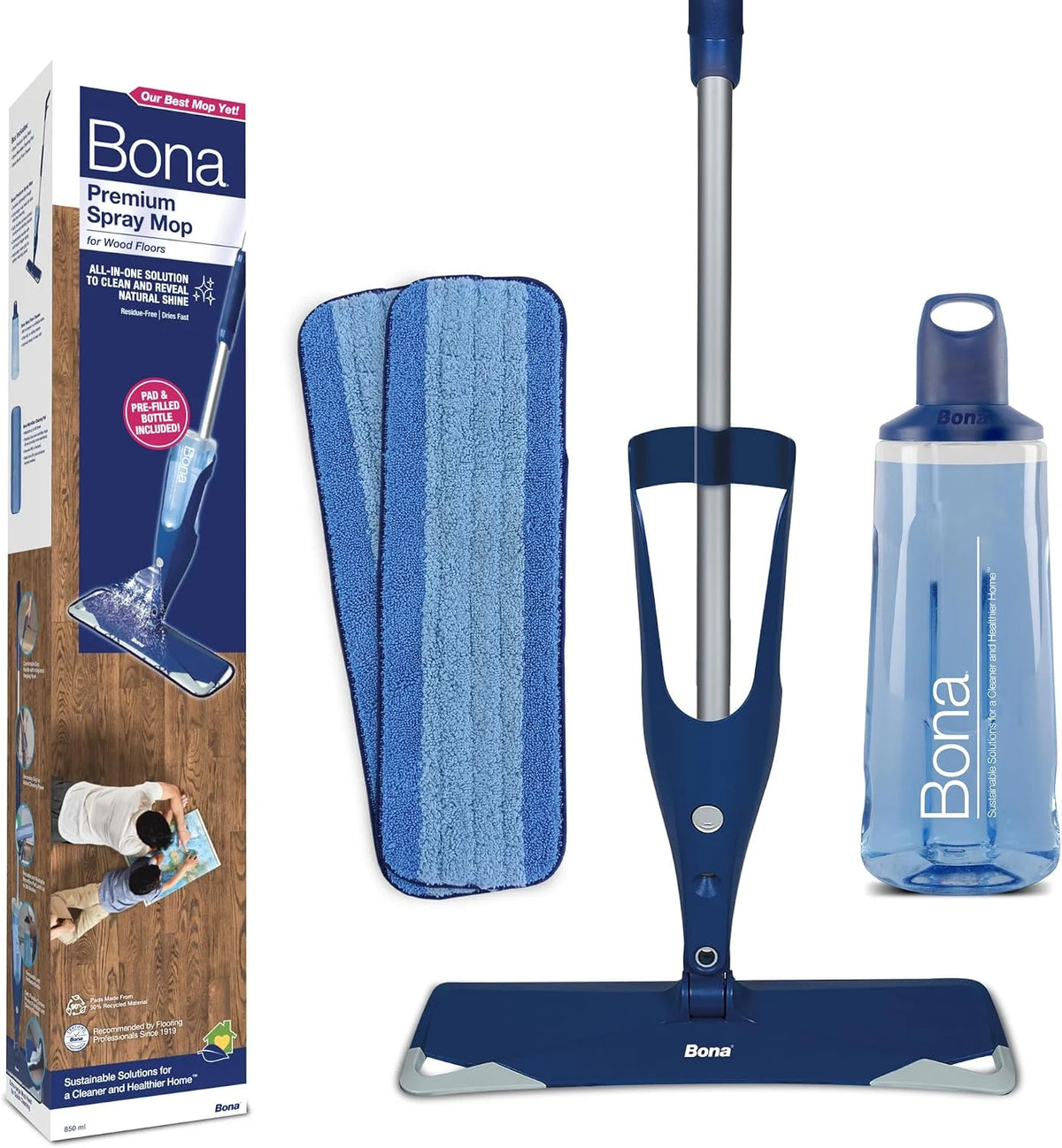 Bona Premium Spray Mops for Floors, Wood, Incl. 1x Bona Wood Floor Cleaner Liquid Cartridge 850ml & 2X Microfibre Pads