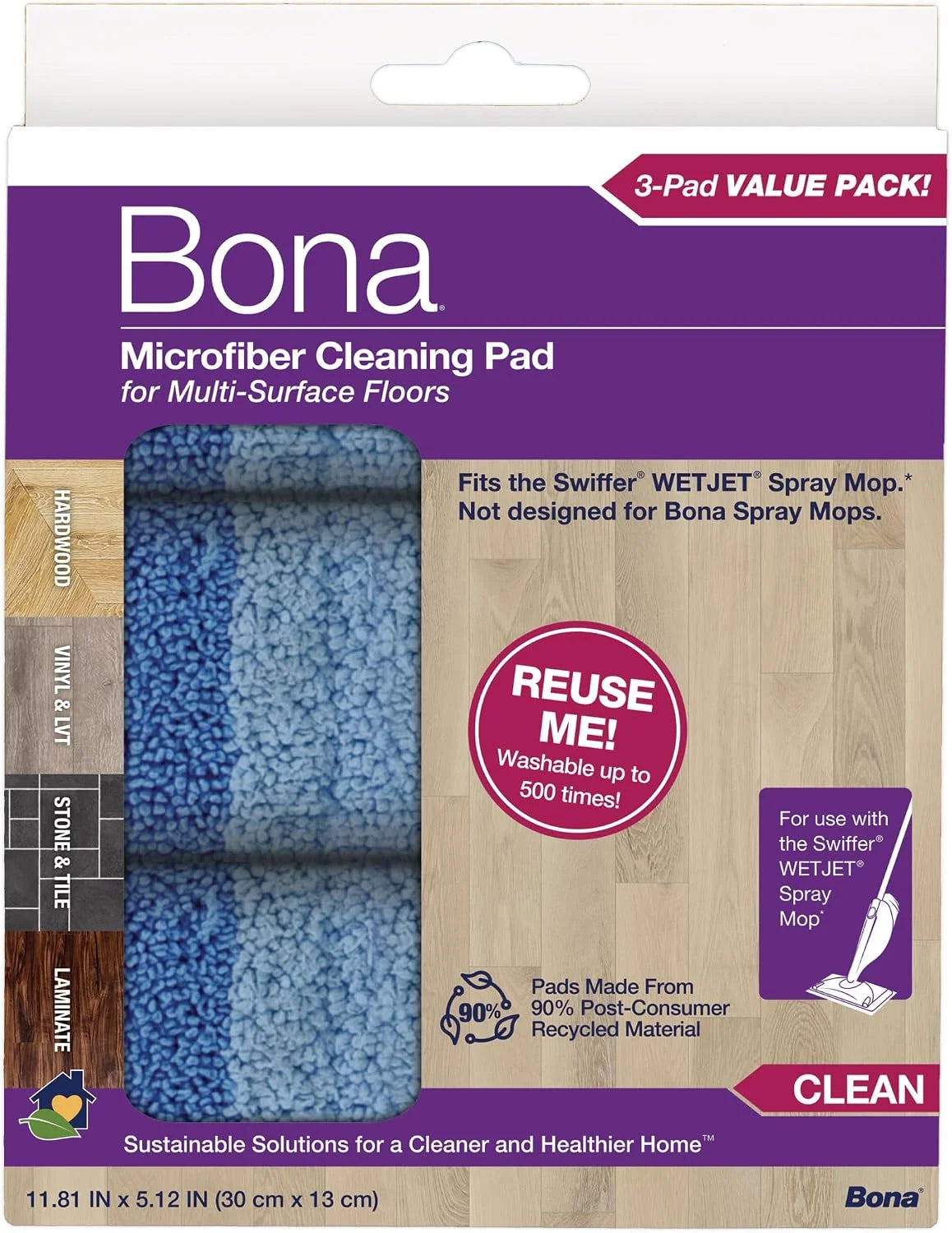 Bona® Microfiber Cleaning Pads for use with Swiffer® WETJET® Spray Mop only, 3 Pack, Washable & Reusable up to 500 Times